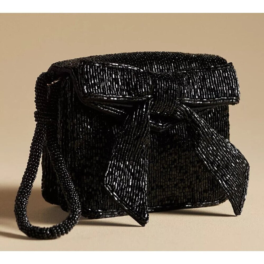 By Anthropologie Beaded Wristlet Black Bow Detail